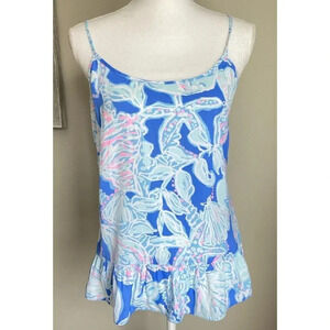 Lilly Pulitzer Coral Top Tank Into the Deep Ruffle Hem Blue Pink Small S